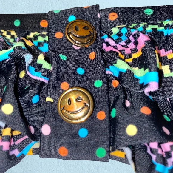 Joe Boxer Bikini Top XL Rainbow Smiley Face Buttons Pink Green Yellow Polka Dots - Picture 2 of 7